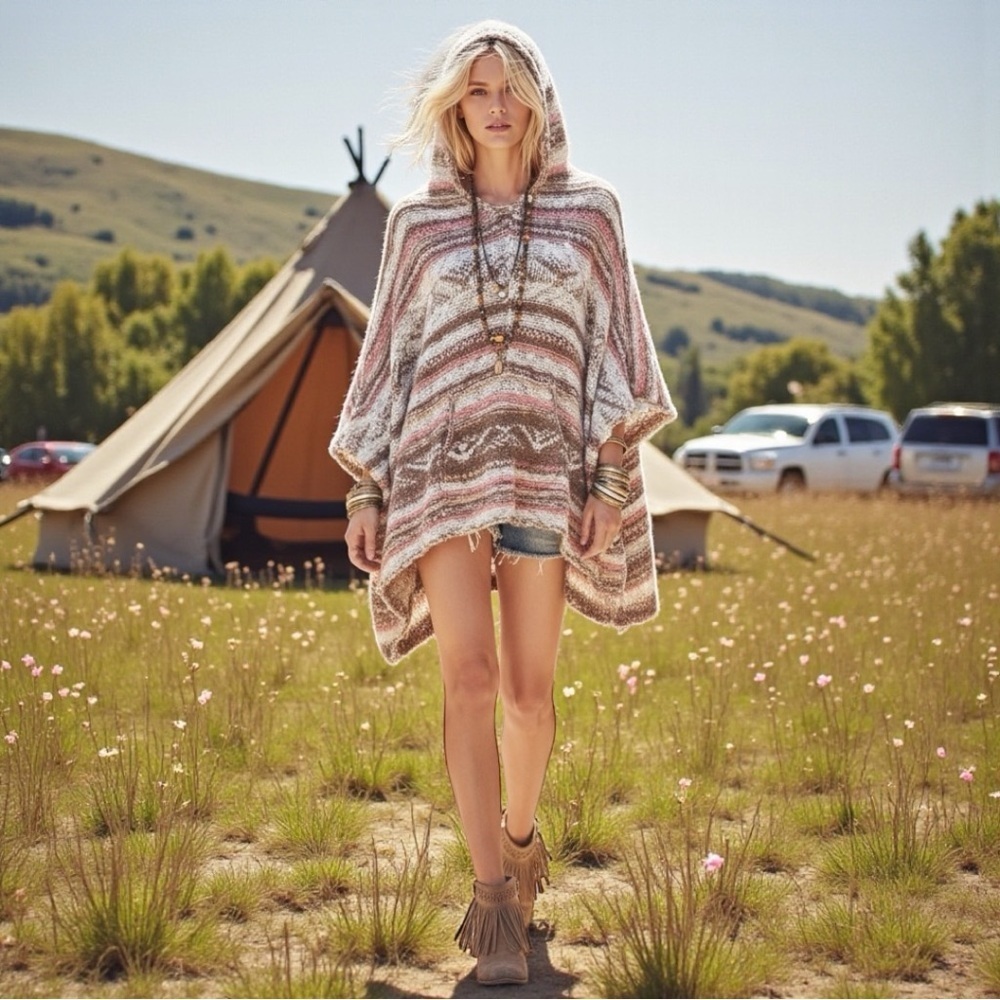 Free People Boho Bubble Tea Striped Hooded Yarn Poncho Hoodie Size Small